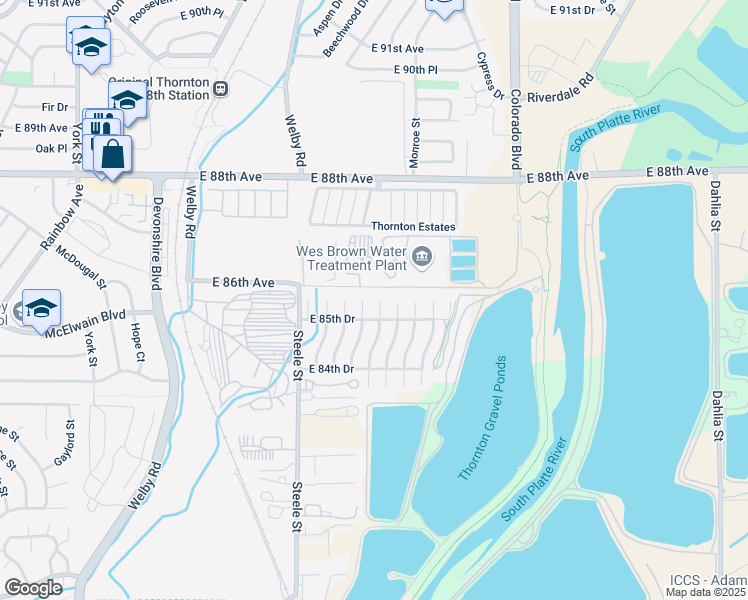 map of restaurants, bars, coffee shops, grocery stores, and more near 8582 Monroe Court in Thornton