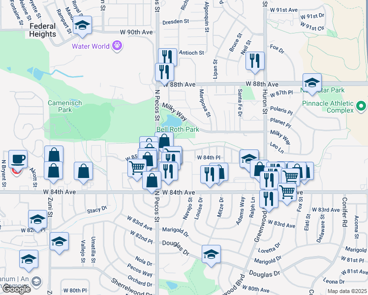 map of restaurants, bars, coffee shops, grocery stores, and more near 1201 West 85th Avenue in Federal Heights