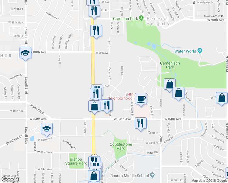 map of restaurants, bars, coffee shops, grocery stores, and more near 2740 West 86th Avenue in Westminster