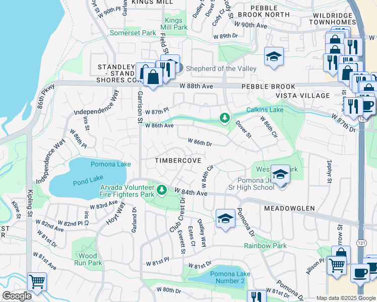 map of restaurants, bars, coffee shops, grocery stores, and more near 8454 Everett Way in Arvada
