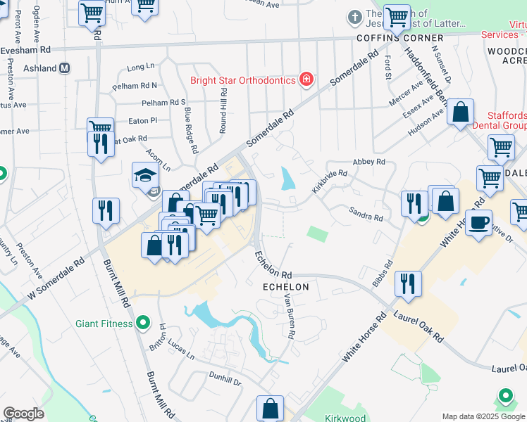 map of restaurants, bars, coffee shops, grocery stores, and more near 125 Kirkbride Road in Voorhees Township