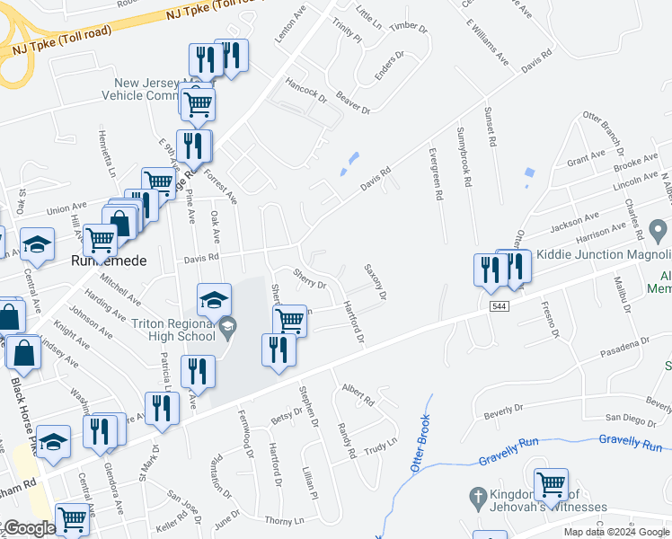 map of restaurants, bars, coffee shops, grocery stores, and more near 100 Hartford Drive in Runnemede