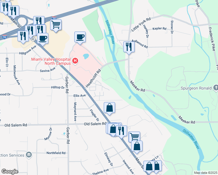 map of restaurants, bars, coffee shops, grocery stores, and more near 651 Rustic Oak Drive in Dayton