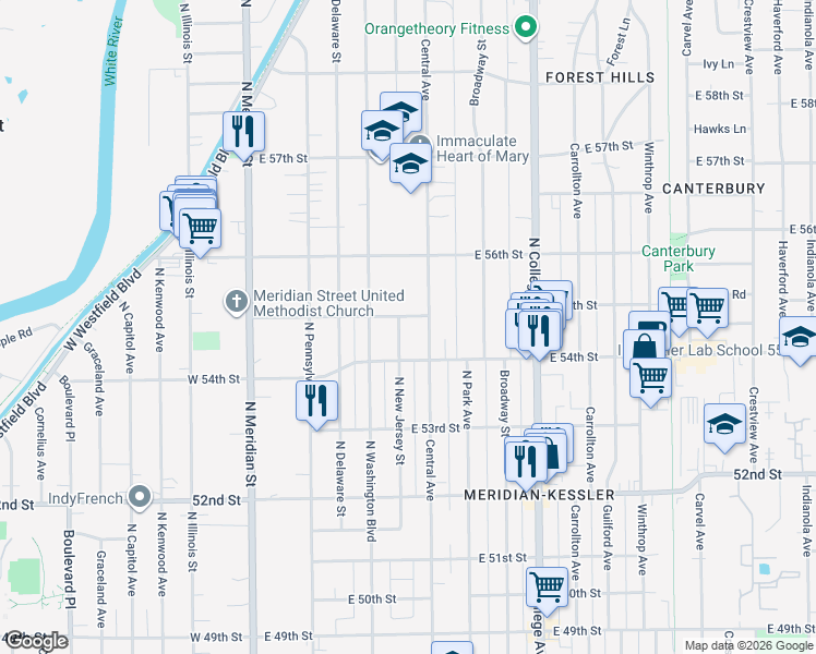 map of restaurants, bars, coffee shops, grocery stores, and more near 5435 North New Jersey Street in Indianapolis