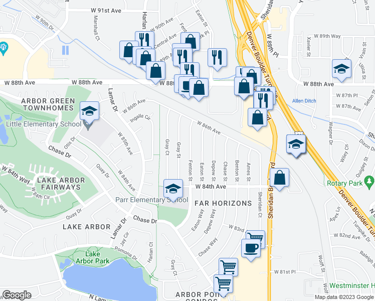 map of restaurants, bars, coffee shops, grocery stores, and more near 8509 Fenton Street in Arvada