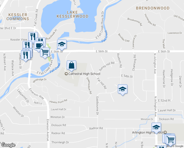 map of restaurants, bars, coffee shops, grocery stores, and more near 5430 Far Hill Road in Indianapolis