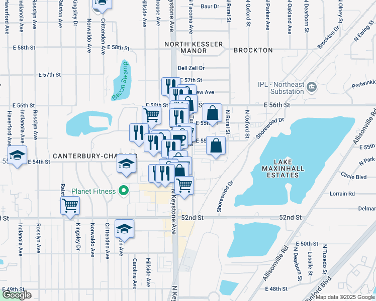 map of restaurants, bars, coffee shops, grocery stores, and more near 5425 North Keystone Avenue in Indianapolis