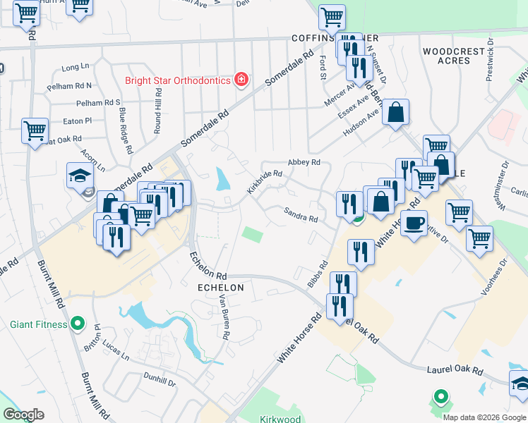map of restaurants, bars, coffee shops, grocery stores, and more near Buttonwood Road & Sandra Road in Voorhees Township