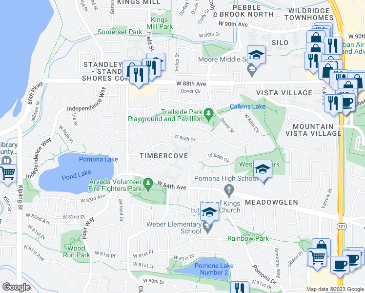 map of restaurants, bars, coffee shops, grocery stores, and more near 8454 Everett Way in Arvada