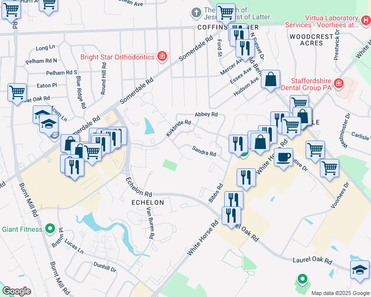 map of restaurants, bars, coffee shops, grocery stores, and more near 16 Sandra Road in Voorhees Township