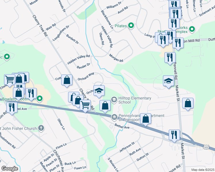 map of restaurants, bars, coffee shops, grocery stores, and more near 707 Springton Circle in Aston
