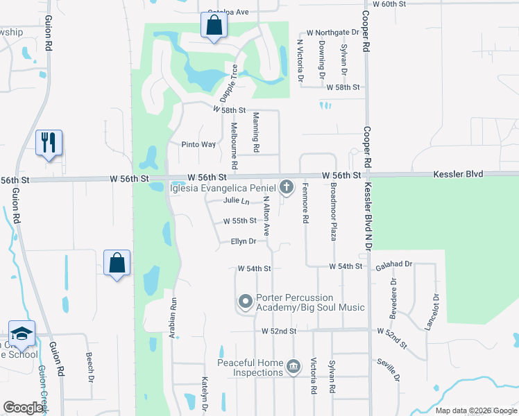 map of restaurants, bars, coffee shops, grocery stores, and more near 3415 Julie Lane in Indianapolis