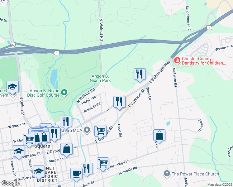 map of restaurants, bars, coffee shops, grocery stores, and more near 603 Millers Hill in Kennett Square