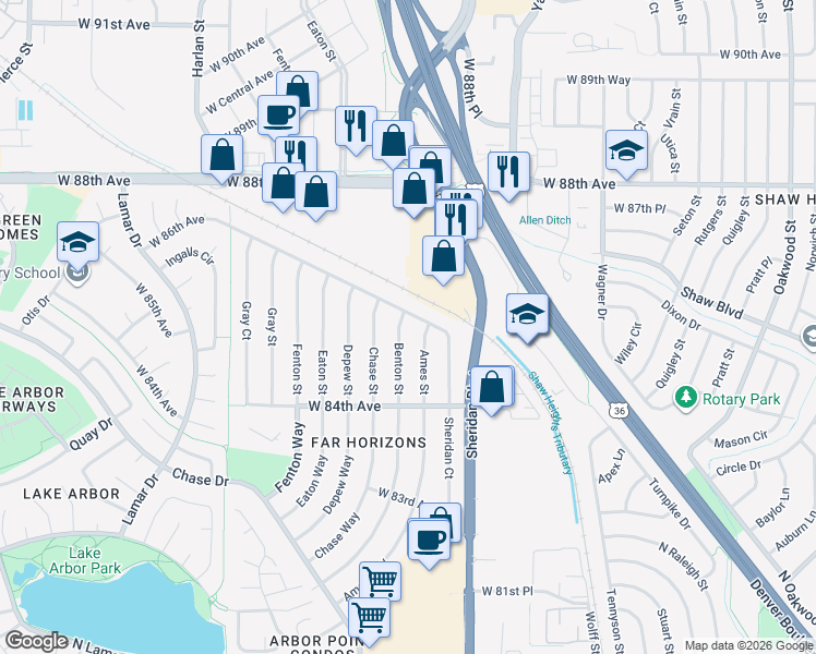 map of restaurants, bars, coffee shops, grocery stores, and more near 8540 Benton St in Arvada