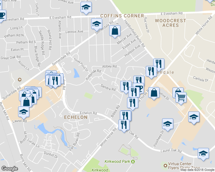 map of restaurants, bars, coffee shops, grocery stores, and more near 89 Sandra Road in Voorhees Township
