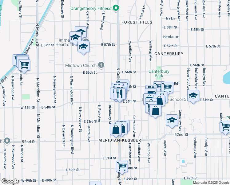 map of restaurants, bars, coffee shops, grocery stores, and more near 5434 North College Avenue in Indianapolis