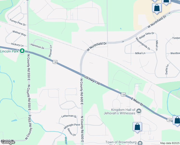 map of restaurants, bars, coffee shops, grocery stores, and more near 1665 West Northfield Drive in Brownsburg