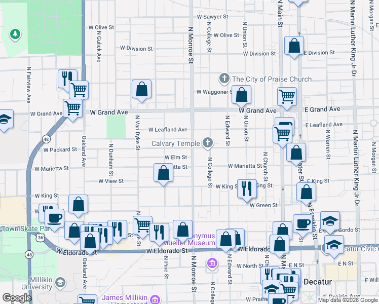 map of restaurants, bars, coffee shops, grocery stores, and more near 1040-1098 N Monroe St in Decatur