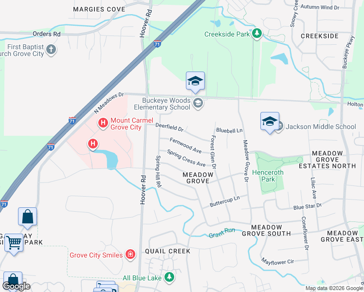 map of restaurants, bars, coffee shops, grocery stores, and more near 2367 Fernwood Avenue in Grove City