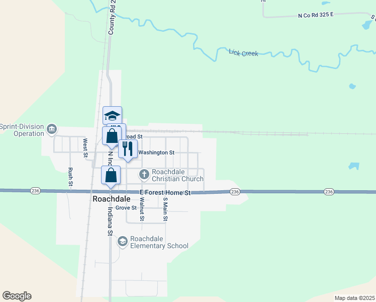 map of restaurants, bars, coffee shops, grocery stores, and more near 208 East Street in Roachdale