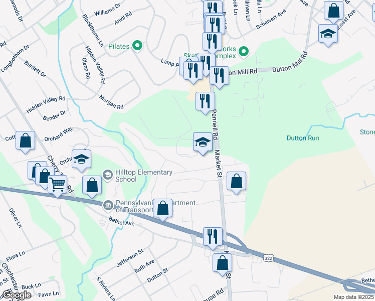 map of restaurants, bars, coffee shops, grocery stores, and more near 110 Springbrooke Boulevard in Aston