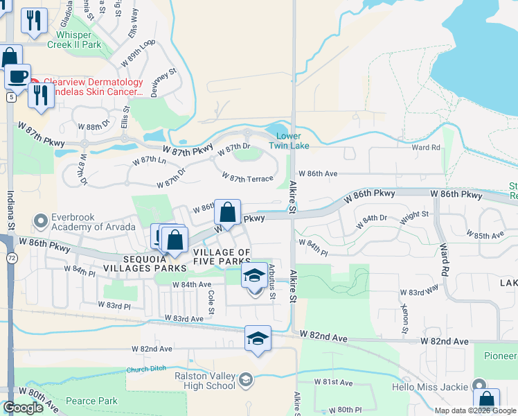 map of restaurants, bars, coffee shops, grocery stores, and more near 13344 West 86th Drive in Arvada