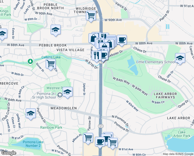 map of restaurants, bars, coffee shops, grocery stores, and more near 8601 Wadsworth Boulevard in Arvada