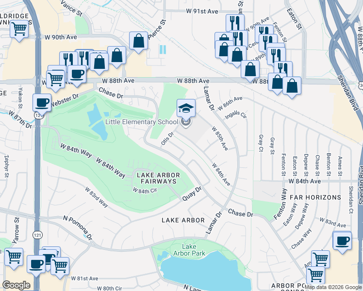 map of restaurants, bars, coffee shops, grocery stores, and more near 8432 Newland Drive in Arvada