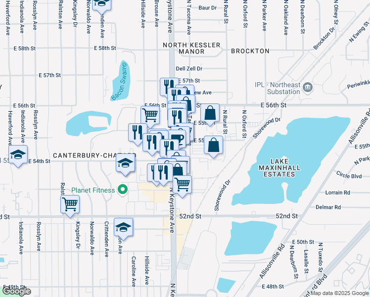 map of restaurants, bars, coffee shops, grocery stores, and more near 5425 North Keystone Avenue in Indianapolis