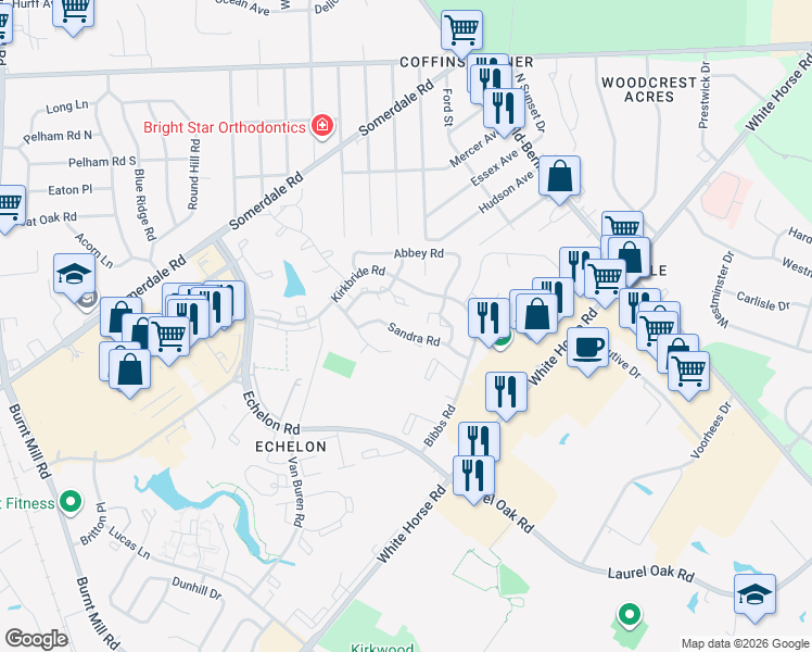 map of restaurants, bars, coffee shops, grocery stores, and more near 89 Sandra Road in Voorhees Township