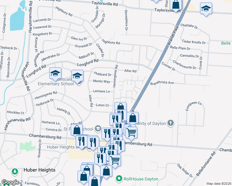 map of restaurants, bars, coffee shops, grocery stores, and more near 6508 Hemingway Rd in Dayton