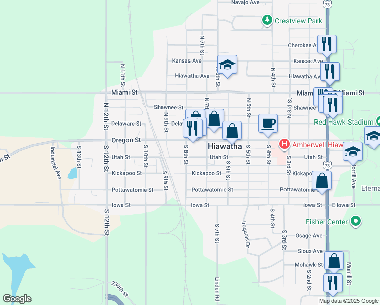 map of restaurants, bars, coffee shops, grocery stores, and more near 714 Utah Street in Hiawatha