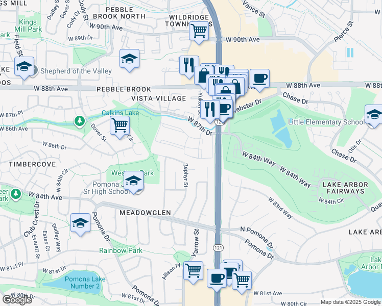 map of restaurants, bars, coffee shops, grocery stores, and more near 8685 Yukon Street in Westminster