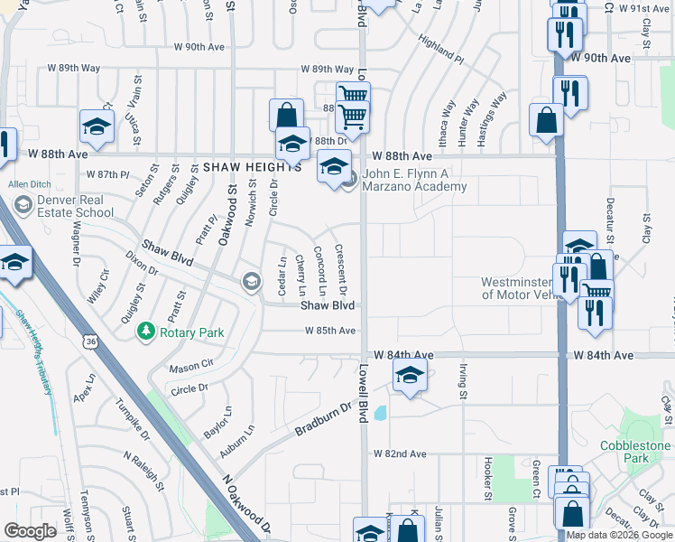 map of restaurants, bars, coffee shops, grocery stores, and more near 8560 Concord Lane in Westminster