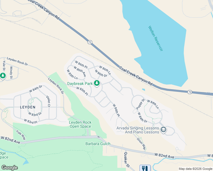 map of restaurants, bars, coffee shops, grocery stores, and more near 8605 Rogers Way in Arvada