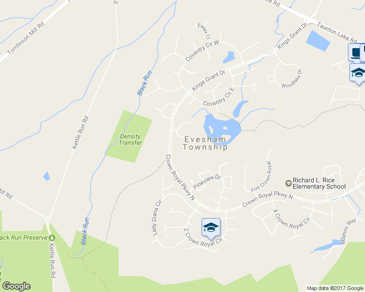 map of restaurants, bars, coffee shops, grocery stores, and more near 68 Kings Grant Drive in Evesham