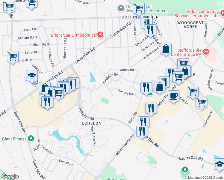 map of restaurants, bars, coffee shops, grocery stores, and more near 16 Sandra Road in Voorhees Township