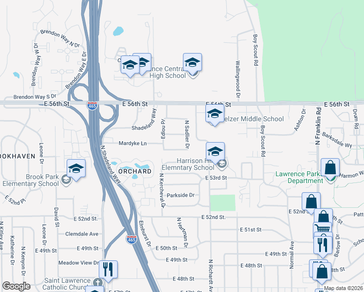 map of restaurants, bars, coffee shops, grocery stores, and more near 5420 North Sadlier Drive in Lawrence
