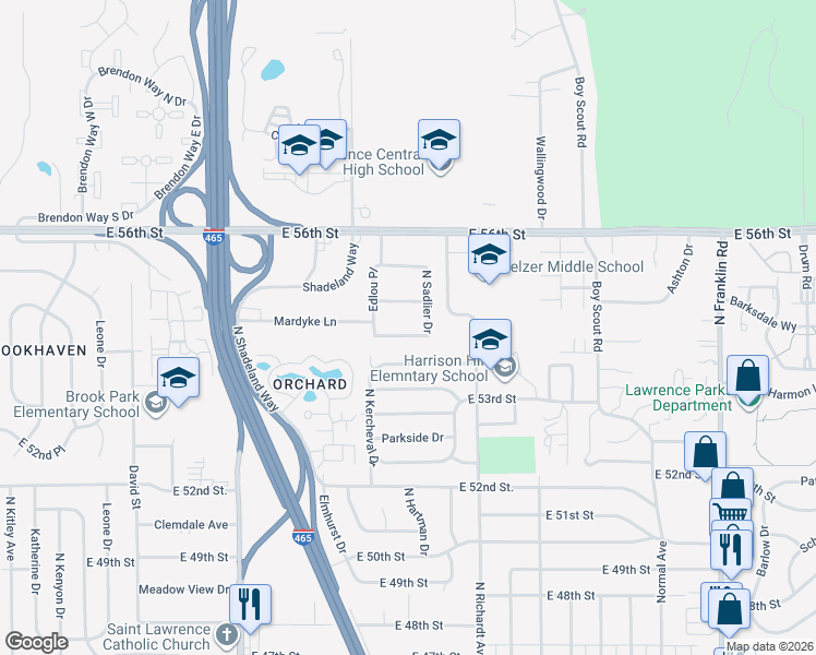 map of restaurants, bars, coffee shops, grocery stores, and more near 7320 Austin Drive in Lawrence