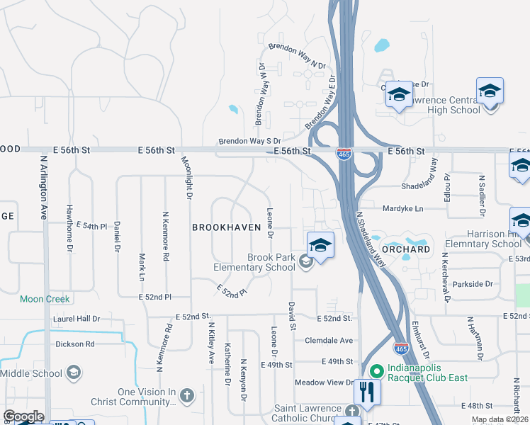 map of restaurants, bars, coffee shops, grocery stores, and more near 5426 Leone Drive in Indianapolis
