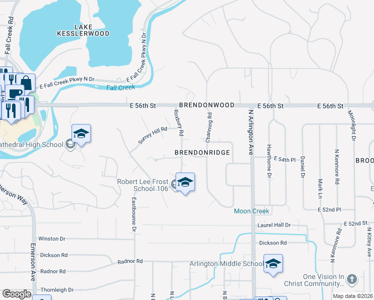 map of restaurants, bars, coffee shops, grocery stores, and more near 5620 Roxbury Terrace in Indianapolis