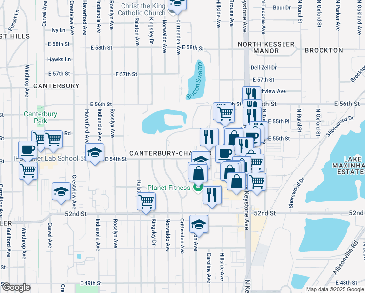 map of restaurants, bars, coffee shops, grocery stores, and more near 1802 East 54th Street in Indianapolis