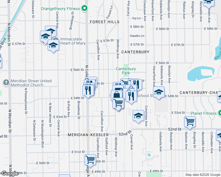 map of restaurants, bars, coffee shops, grocery stores, and more near 5426 Winthrop Avenue in Indianapolis