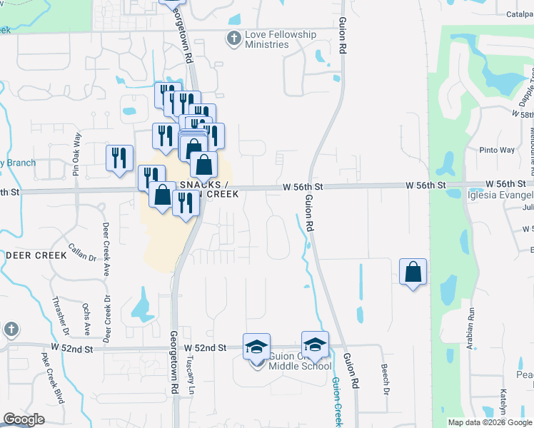 map of restaurants, bars, coffee shops, grocery stores, and more near 5538 Nighthawk Way in Indianapolis