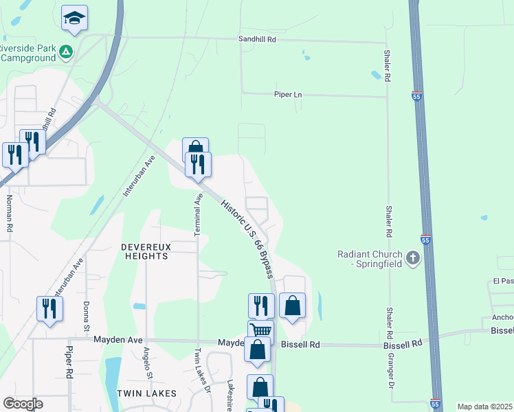 map of restaurants, bars, coffee shops, grocery stores, and more near Woodland Acres in Springfield