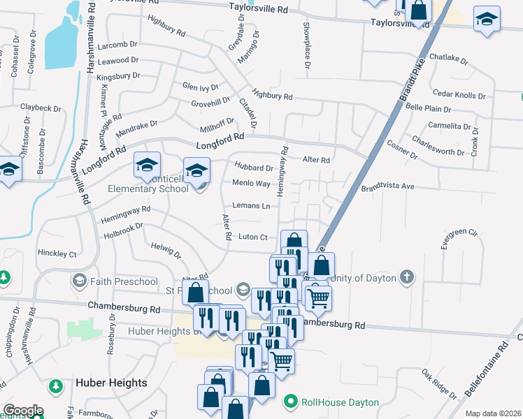 map of restaurants, bars, coffee shops, grocery stores, and more near 6532 Lemans Lane in Dayton