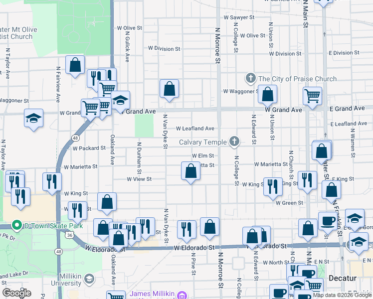 map of restaurants, bars, coffee shops, grocery stores, and more near 819 West Packard Street in Decatur