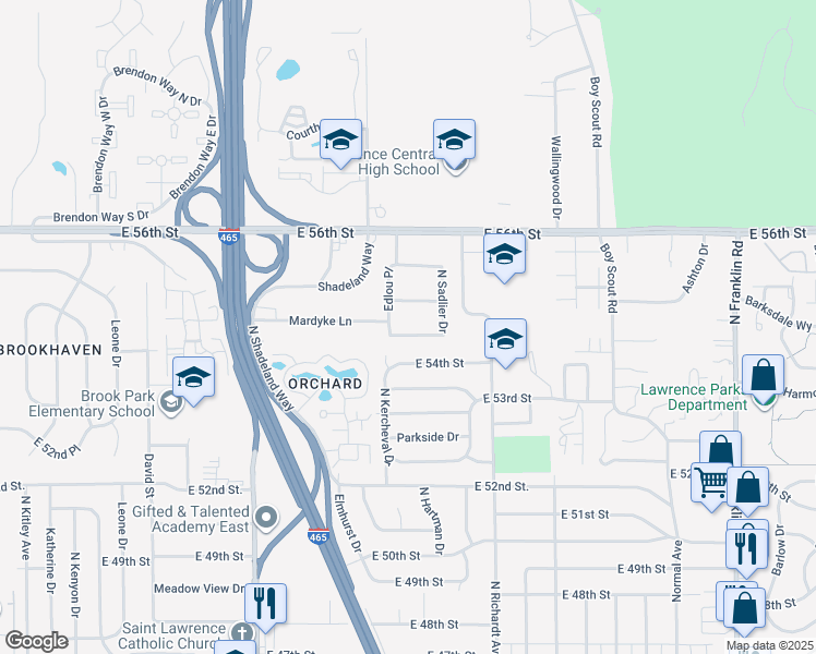 map of restaurants, bars, coffee shops, grocery stores, and more near 7320 Austin Drive in Lawrence