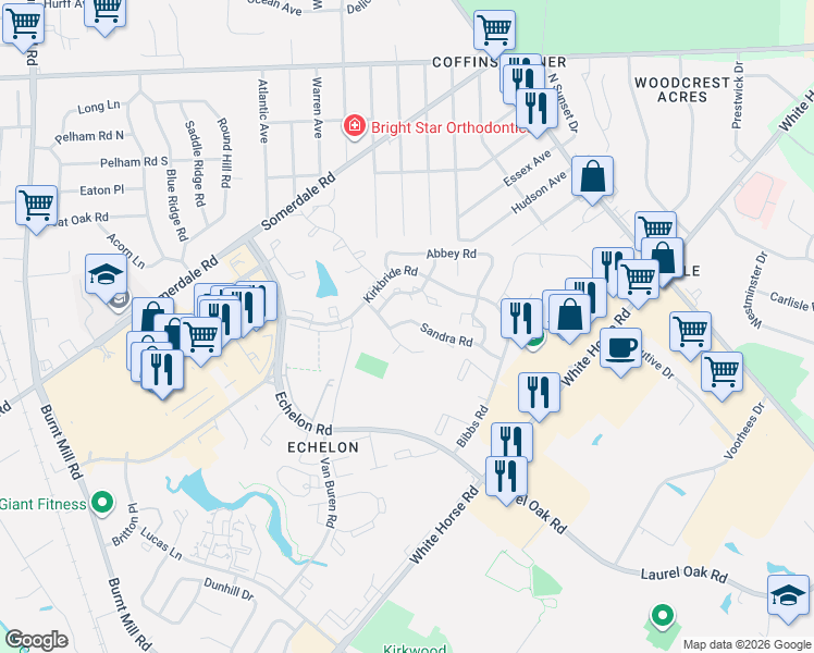 map of restaurants, bars, coffee shops, grocery stores, and more near 16 Sandra Road in Voorhees Township