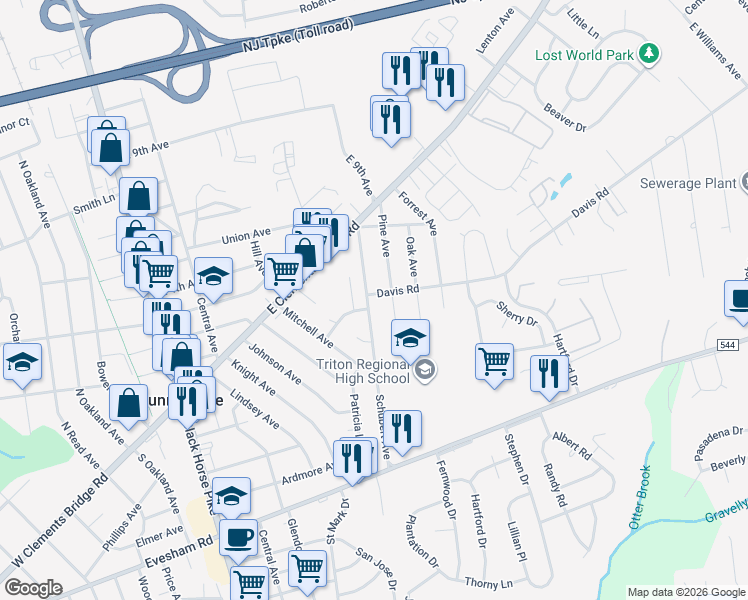 map of restaurants, bars, coffee shops, grocery stores, and more near 200 Schubert Avenue in Runnemede